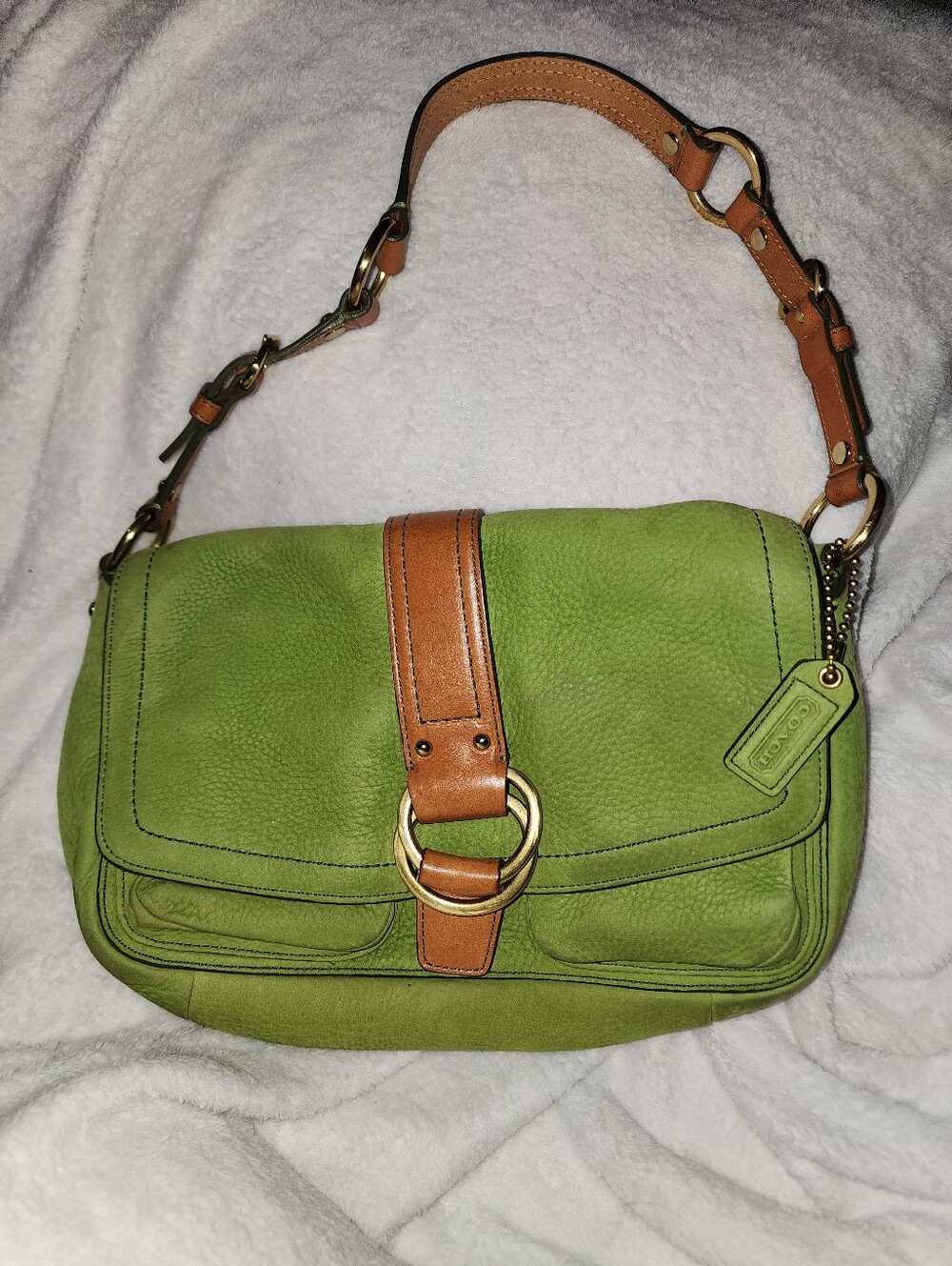 Coach green bag with brown leather accents